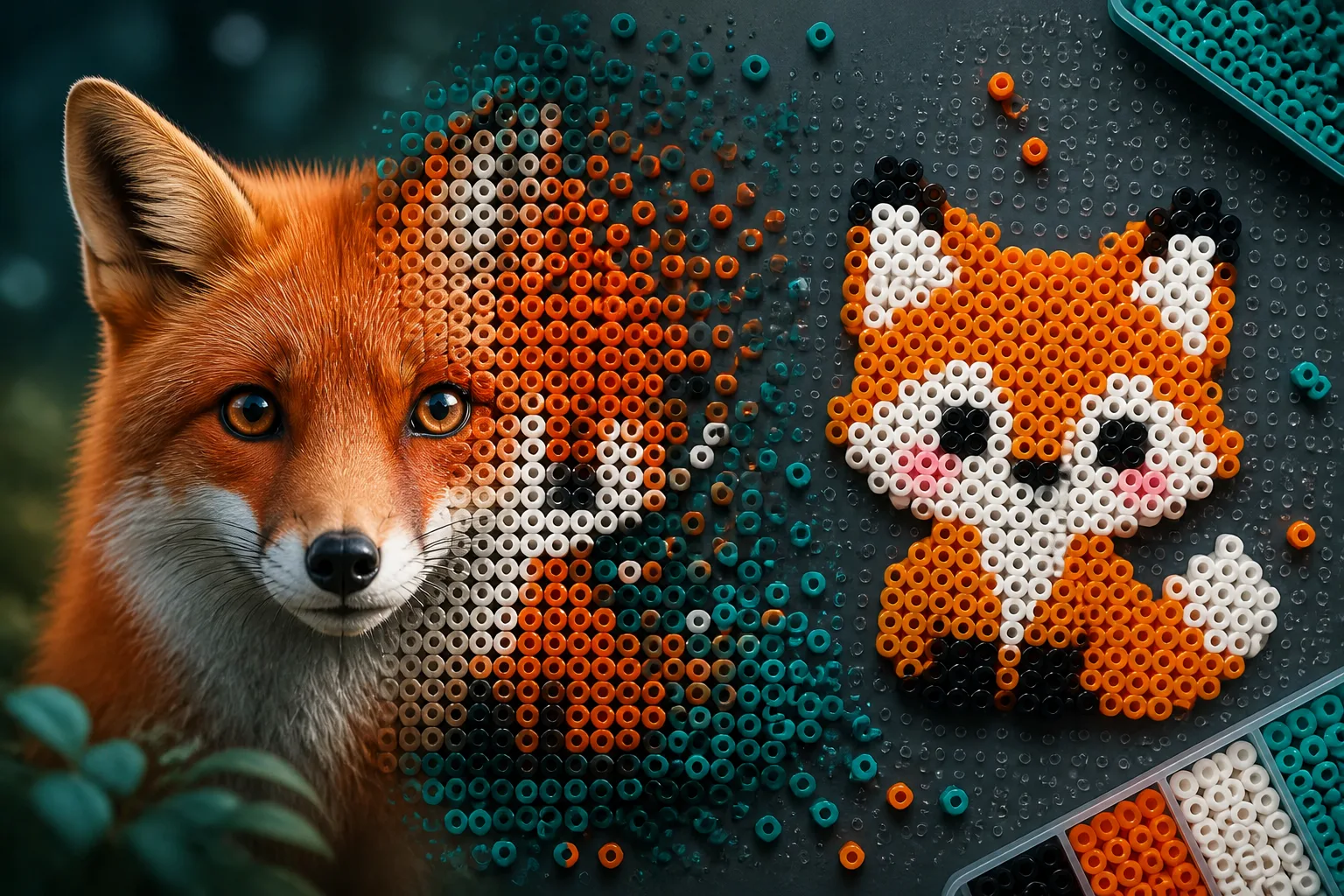 A fox photo transforming into a colorful fuse bead pattern you can build